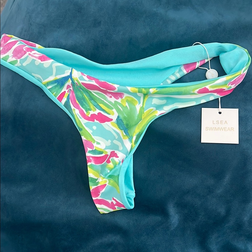 Blue and Pink Bikini Bottom with Tropical Print